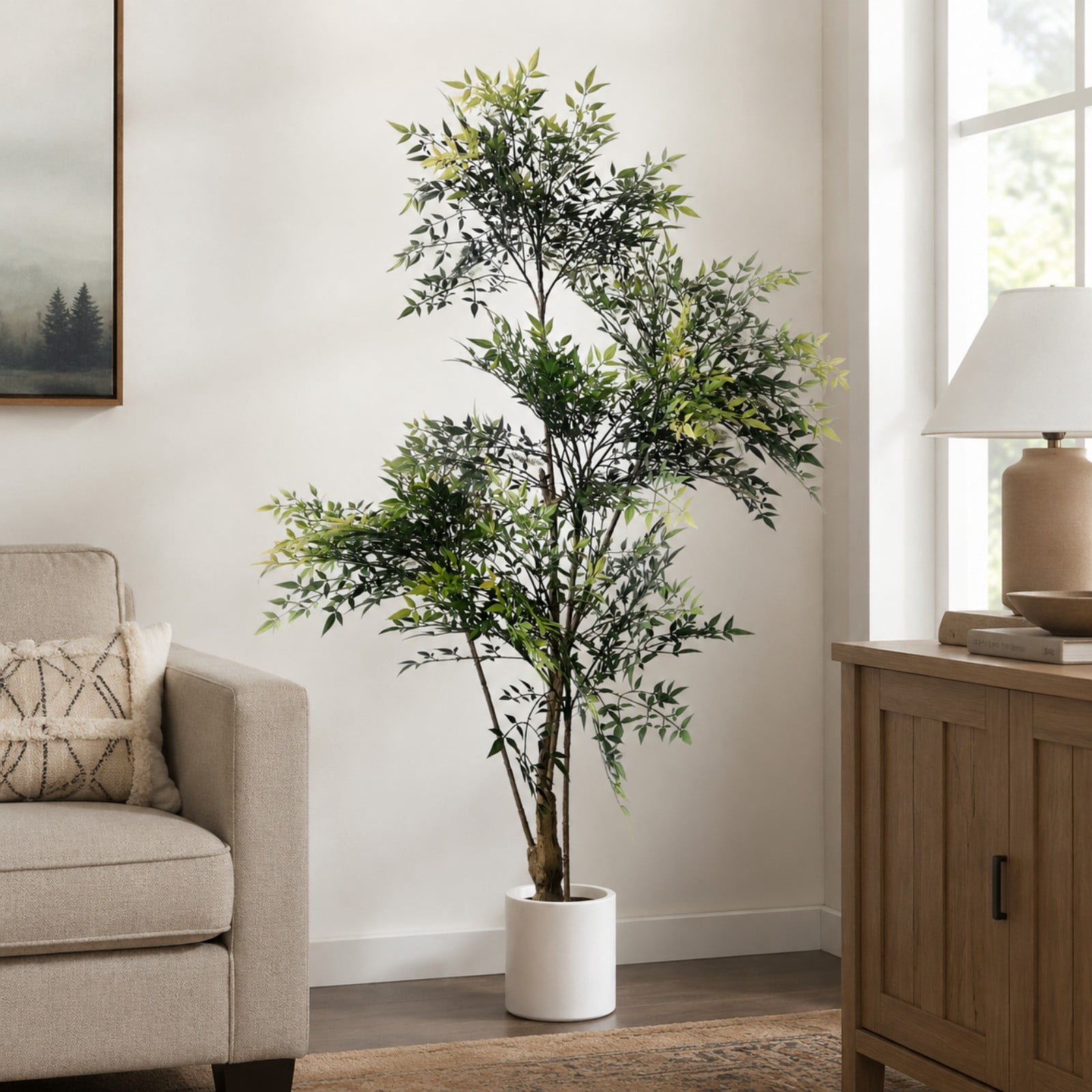BEAUTYPEAK 5.9FT Artificial Plant Fake Indoor Green Nandina Plant Decorative Outdoor Greenery in White Pot
