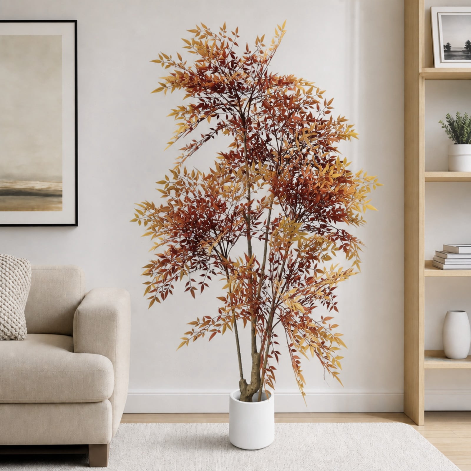 BEAUTYPEAK 5.9FT Artificial Plant Fake Indoor Red Nandina Plant Decorative Outdoor Greenery in White Pot