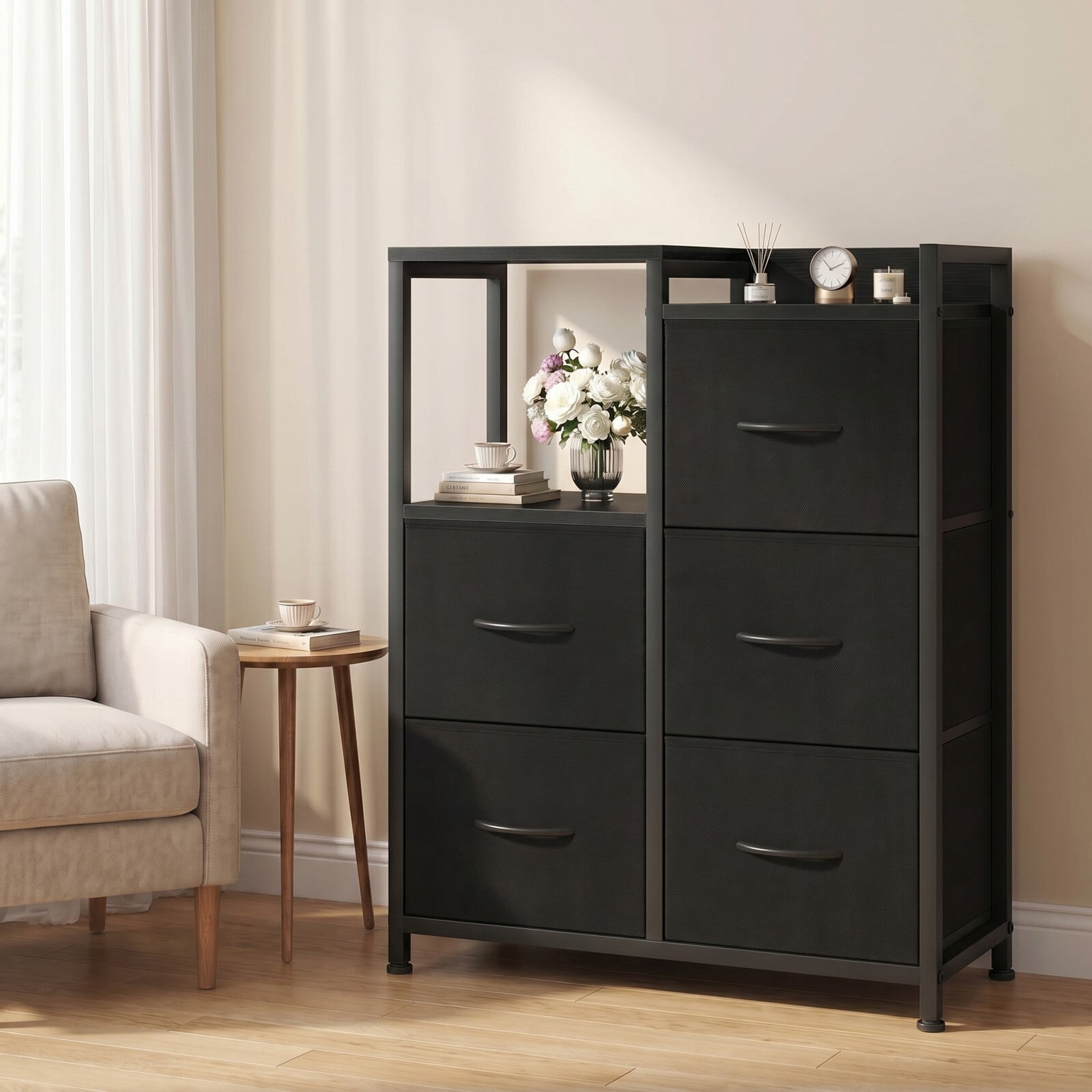 BEAUTYPEAK 5 Drawer Fabric Dresser Storage Chest with 2 Tier Open Shelf Wooden Top, Black
