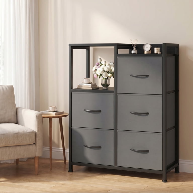 Beautypeak 5 Drawer Fabric Dresser Storage Chest with 2 Tier Open Shelf Wooden Top, Gray