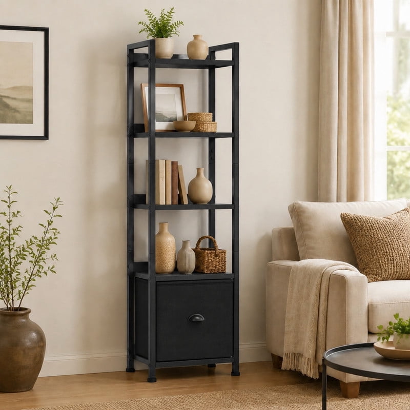 BEAUTYPEAK 5-Tier Bookshelf with Fabric Drawer 55" Tall Narrow Freestanding Display Shelf Metal Frame Bookcase, Black