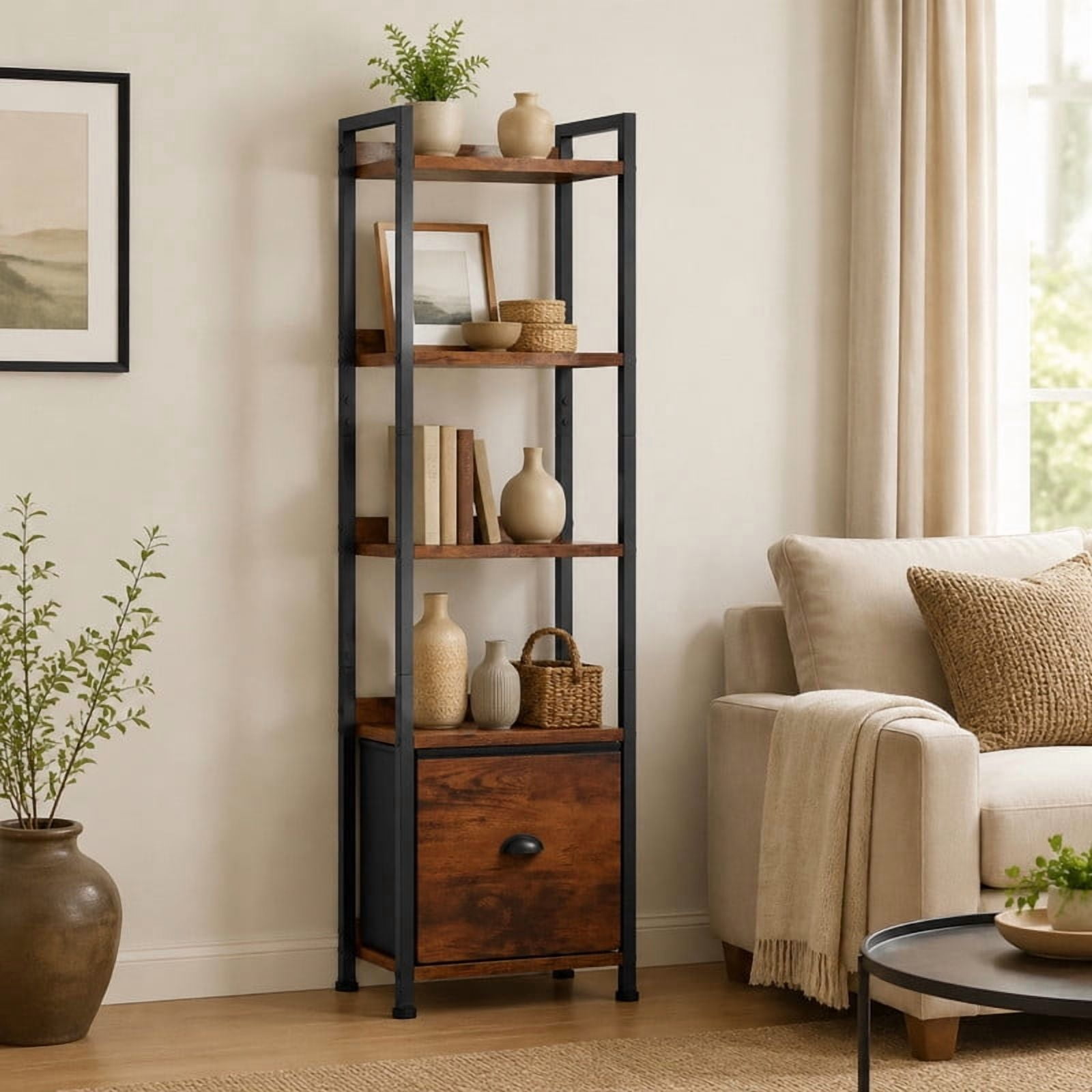 BEAUTYPEAK 5-Tier Bookshelf with Fabric Drawer 55" Tall Narrow Freestanding Display Shelf Metal Frame Bookcase, Rust