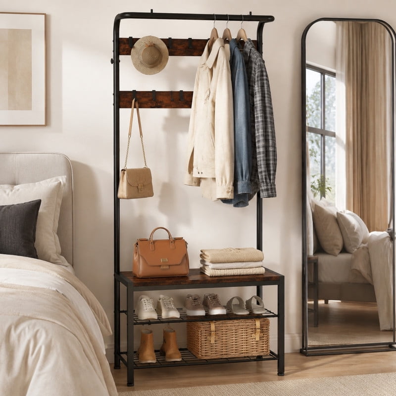 BEAUTYPEAK 5-in-1 Hall Tree 72"x28" Entryway Coat Rack with Shoe Bench Hanging Rod 10 Movable Hooks and 2-Tier Shoe Storage, Rust