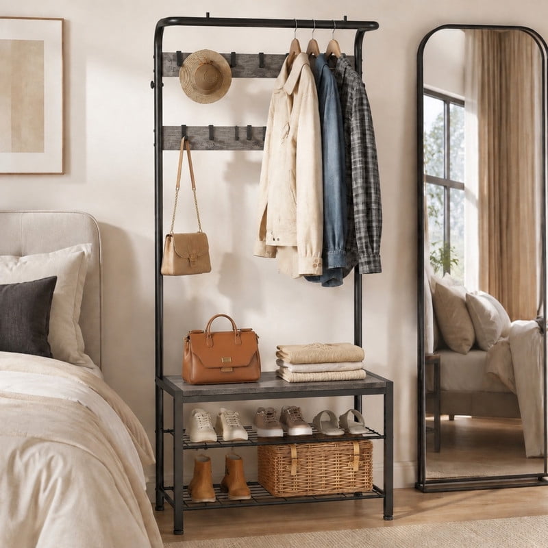 BEAUTYPEAK 5-in-1 Hall Tree 72"x28" Entryway Coat Rack with Shoe Bench Hanging Rod 10 Movable Hooks and 2-Tier Shoe Storage, Wood Gray