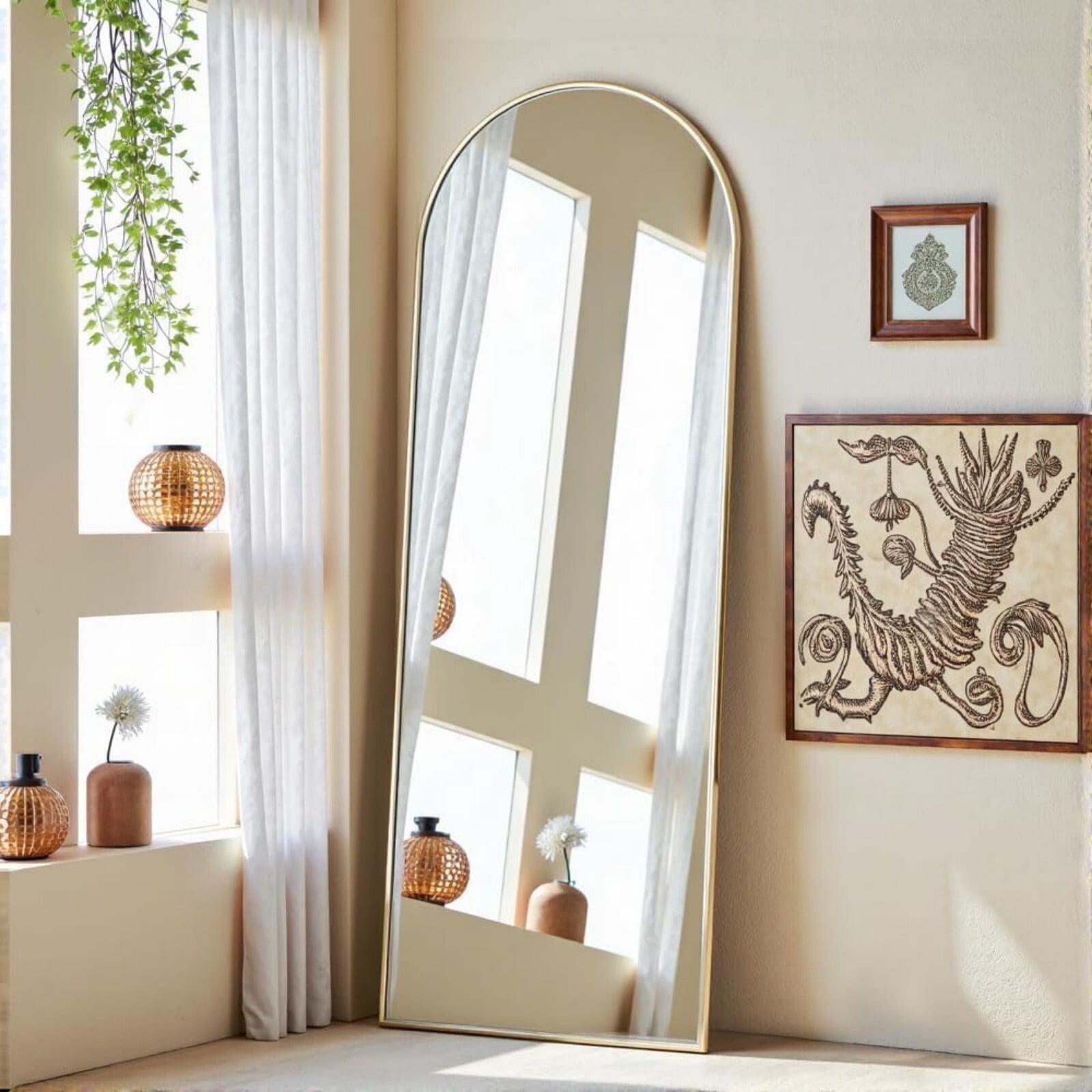 BEAUTYPEAK 58"x 18" Arched Full Length Metal Standing Floor Mirror, Gold