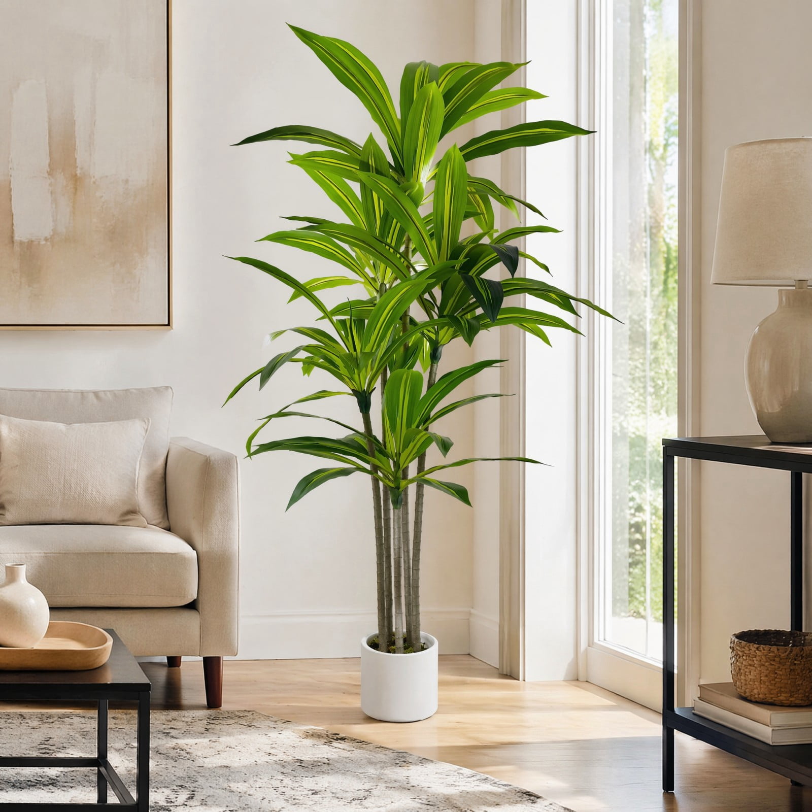 BEAUTYPEAK 5FT Artificial Dracaena Tree Fake Plants for Indoor Outdoor Decor, Upgraded White Pot
