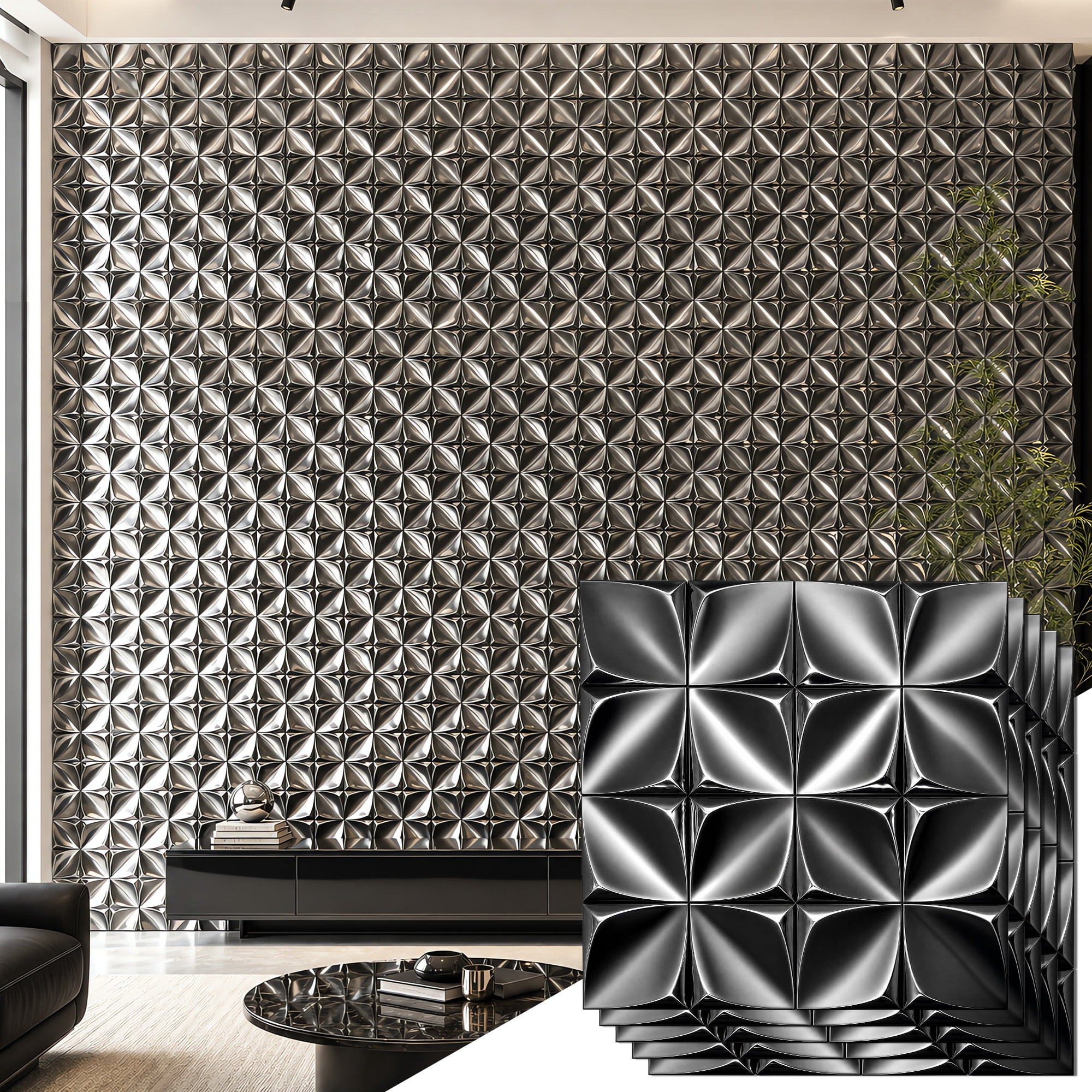BEAUTYPEAK 5PCS 12"x 12" 3D Wall Panels Metal Wall Decor Panels for Home, Black