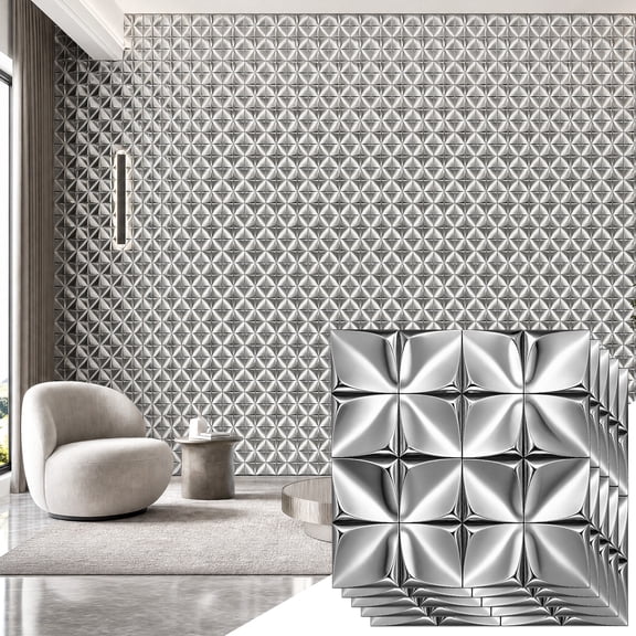 BEAUTYPEAK 5PCS 12"x 12" 3D Wall Panels Metal Wall Decor Panels for Home, Silver