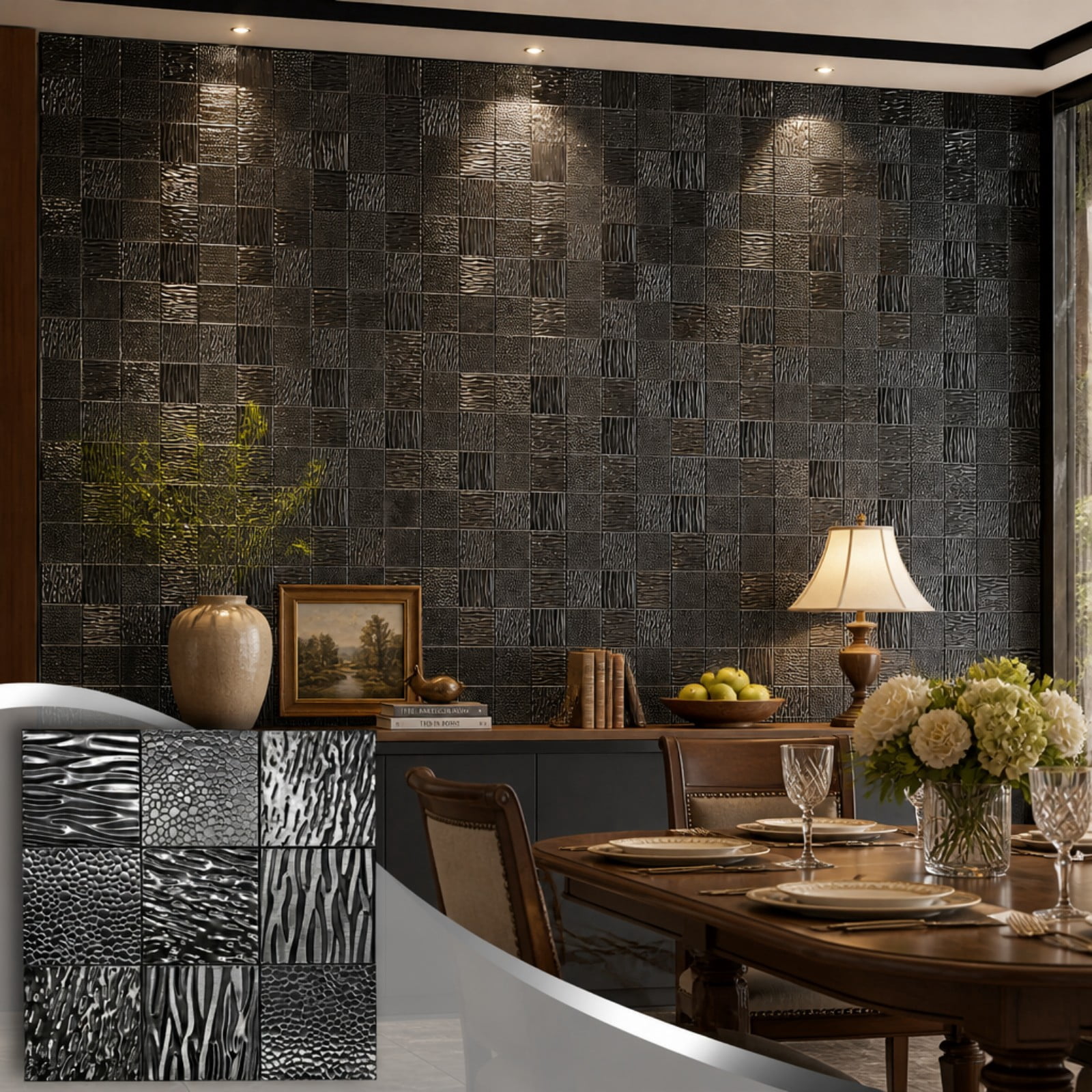 BEAUTYPEAK 5PCS 12"x 12" Textured 3D Metal Wall Panels for Interior Decor, Black