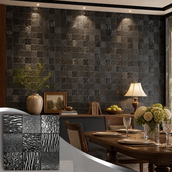 BEAUTYPEAK 5PCS 12"x 12" Textured 3D Metal Wall Panels for Interior Decor, Black