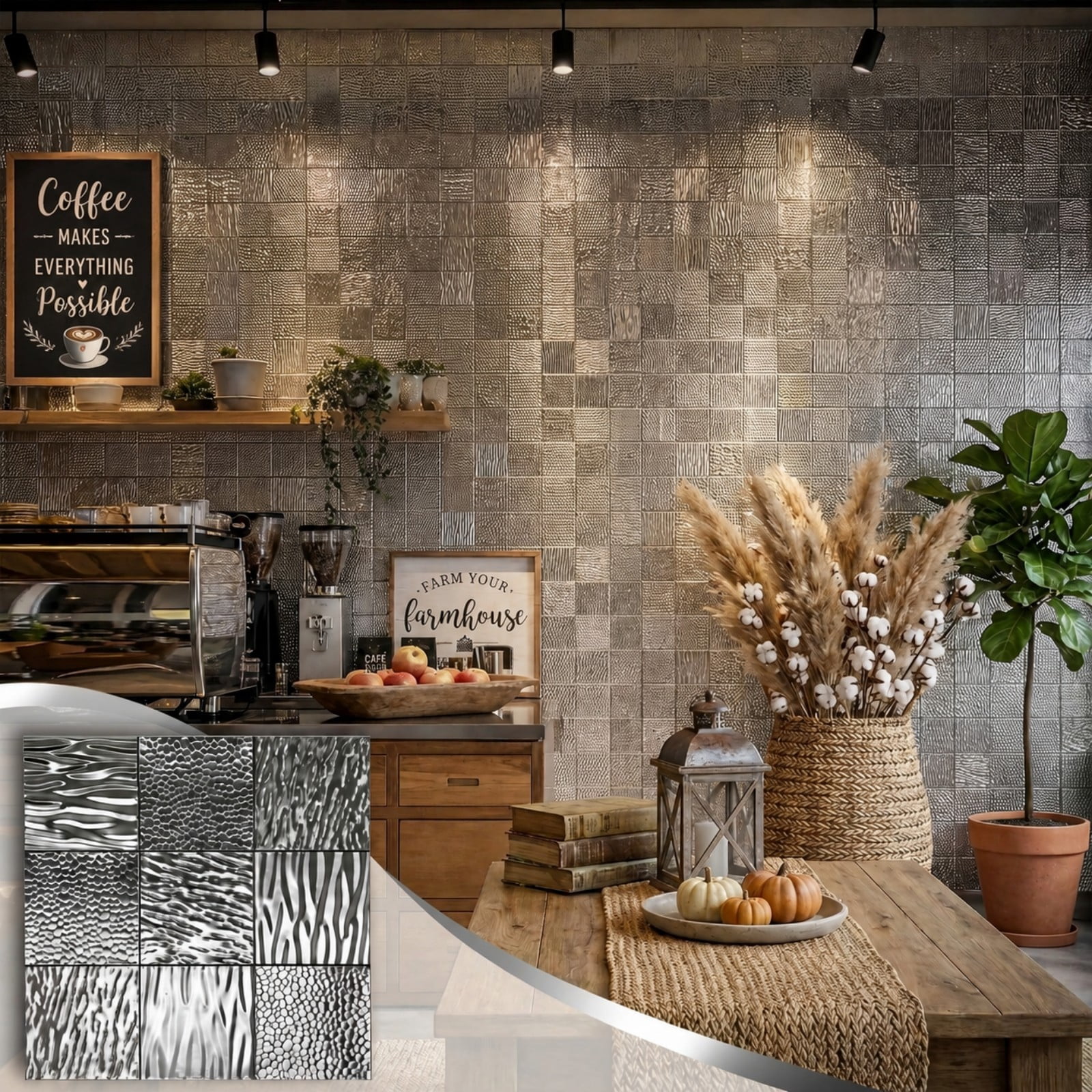 BEAUTYPEAK 5PCS 12"x 12" Textured 3D Metal Wall Panels for Interior Decor, Silver