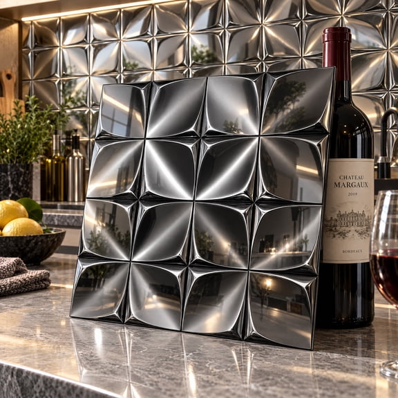 BEAUTYPEAK 3D Wall Panels Metal Mosaic Tiles 5Pcs 12"x12" Stainless Steel Backsplash for Kitchen Bathroom Fireplace, Black