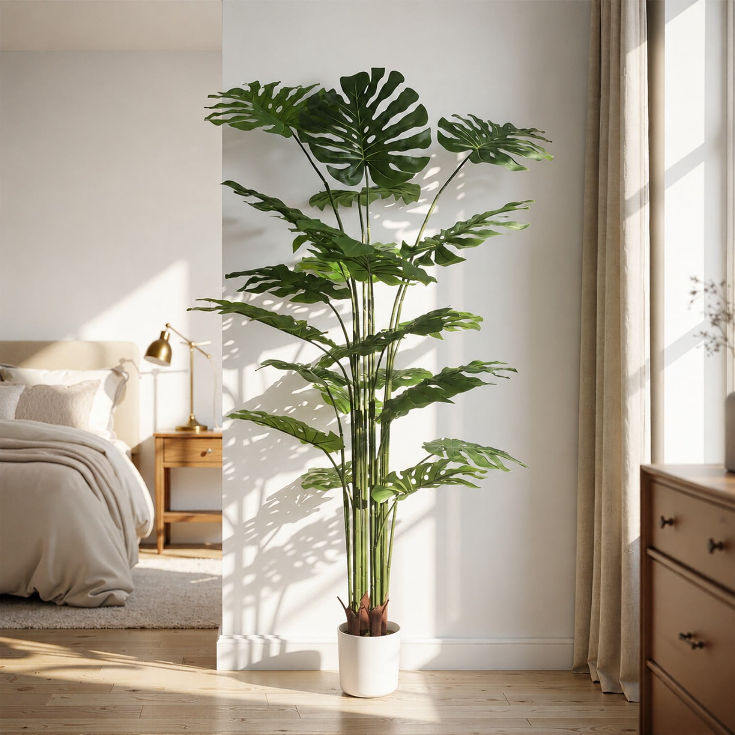 BEAUTYPEAK 6.6FT Artificial Plant Fake Indoor Monstera Plant Decorative Outdoor Greenery in White Pot