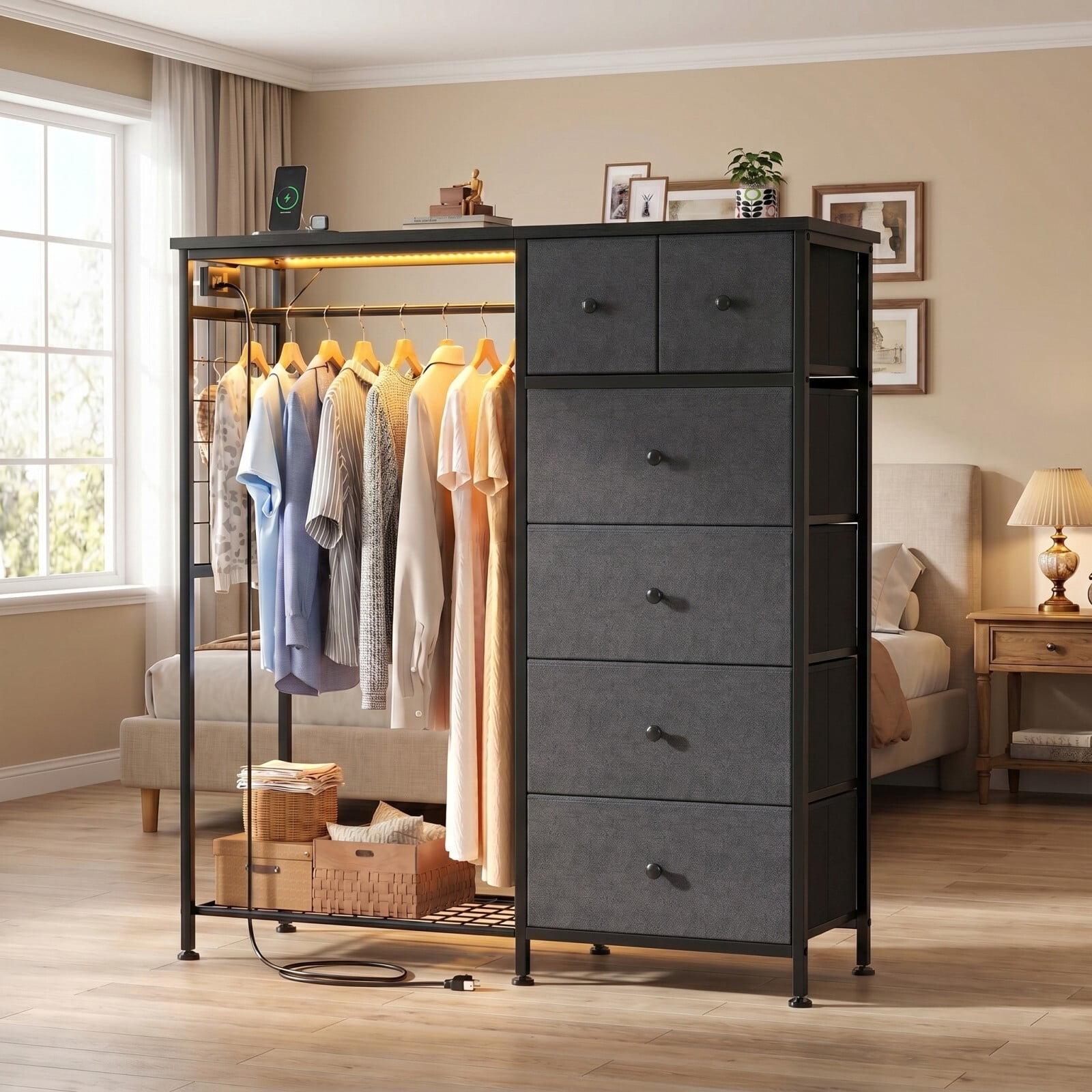 BEAUTYPEAK 6-Drawer Fabric Dresser with Hanging Rack LED Lighting Built-in Charging Station Multi-Purpose Closet, Gray