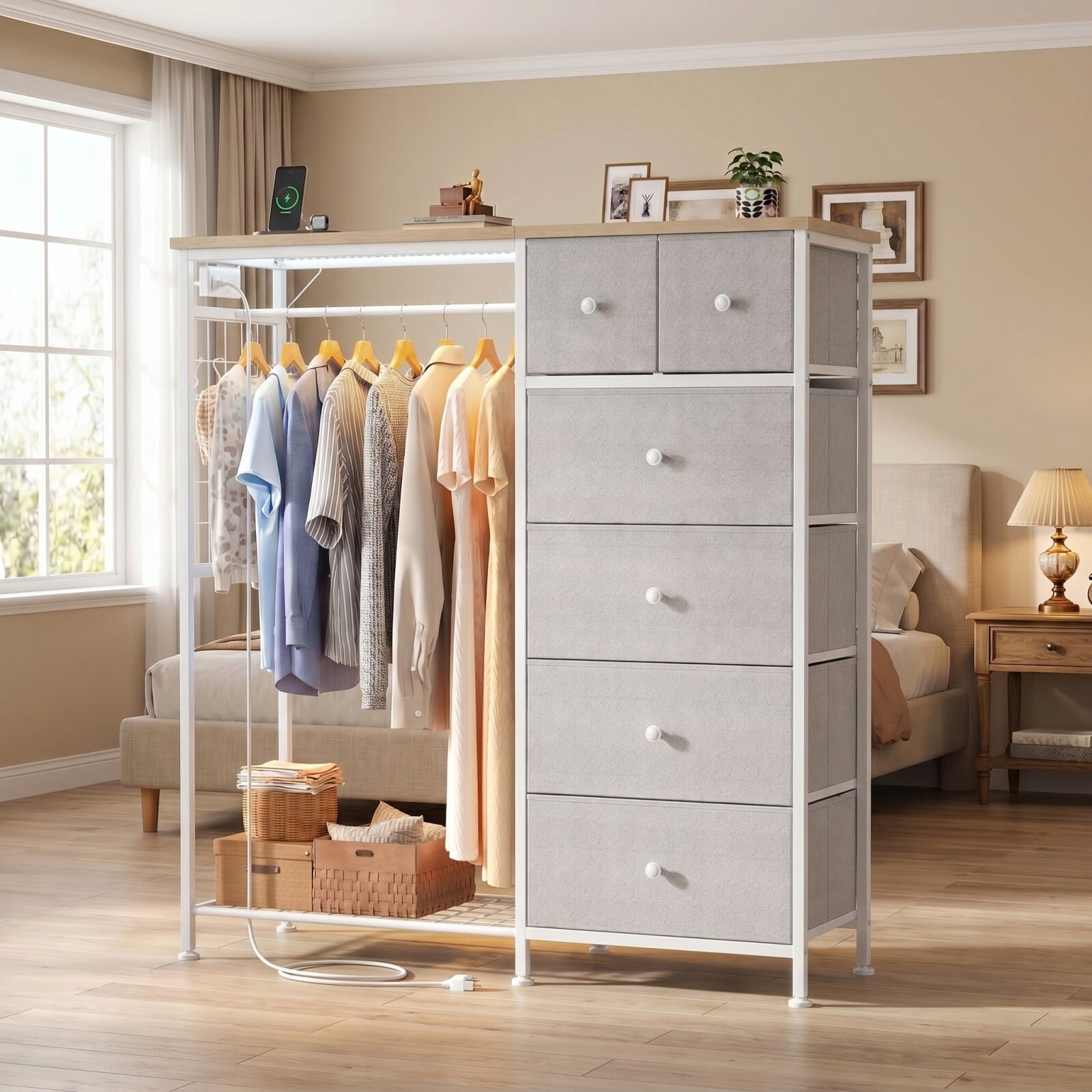 BEAUTYPEAK 6-Drawer Fabric Dresser with Hanging Rack LED Lighting Built-in Charging Station Multi-Purpose Closet, Light Gray