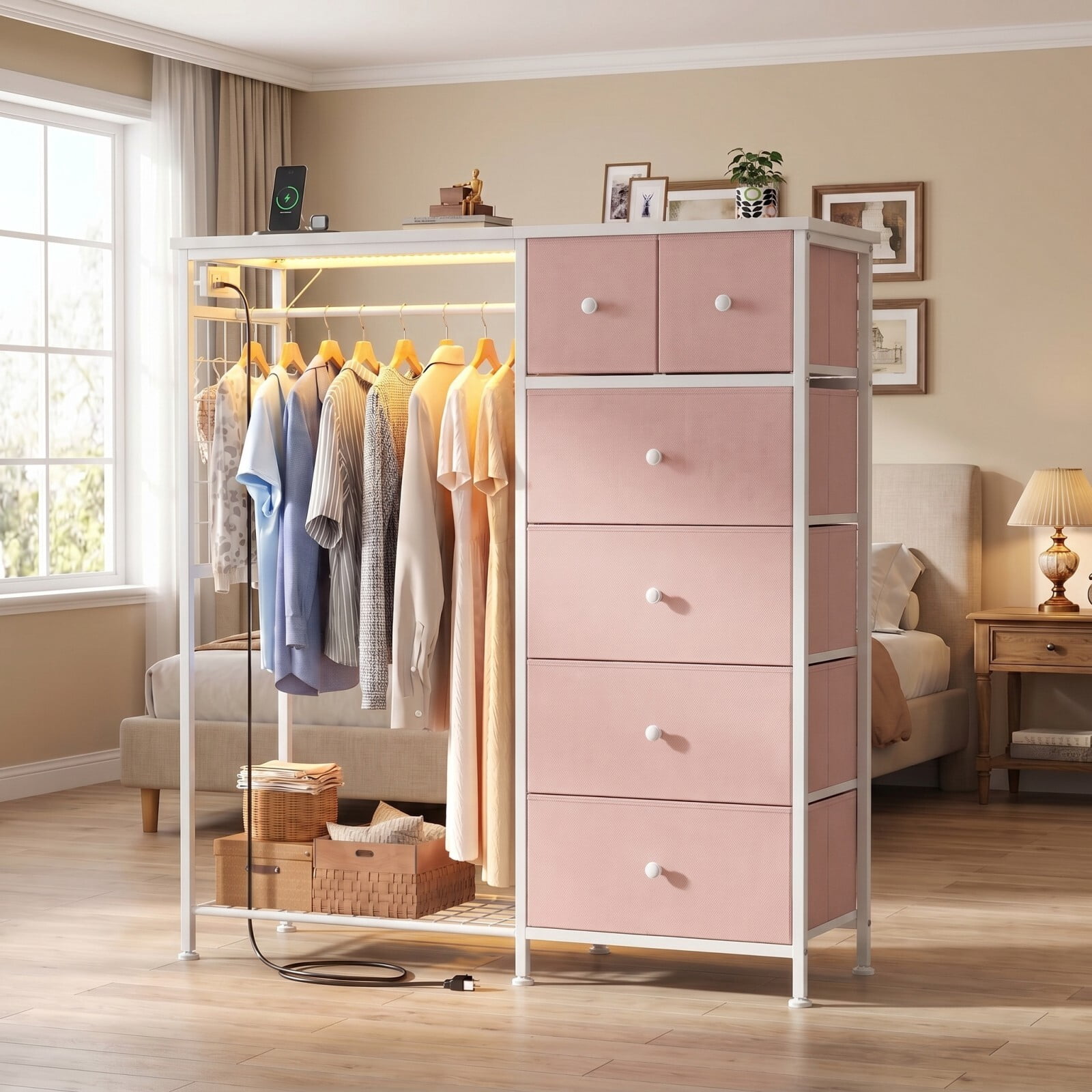 BEAUTYPEAK 6-Drawer Fabric Dresser with Hanging Rack LED Lighting Built-in Charging Station Multi-Purpose Closet, Pink