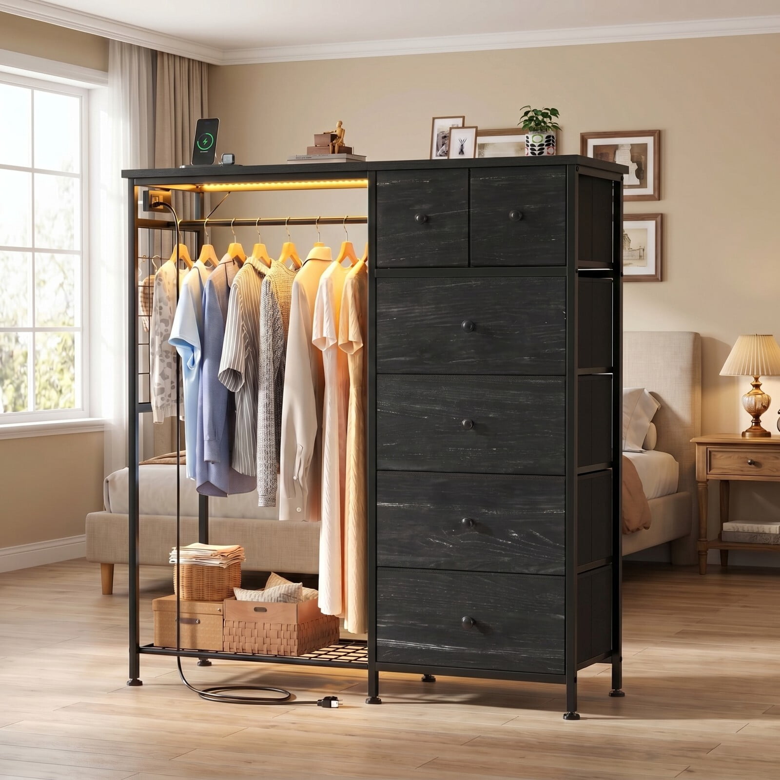 BEAUTYPEAK 6-Drawer Fabric Dresser with Hanging Rack LED Lighting Built-in Charging Station Multi-Purpose Closet, Wood Grain Black