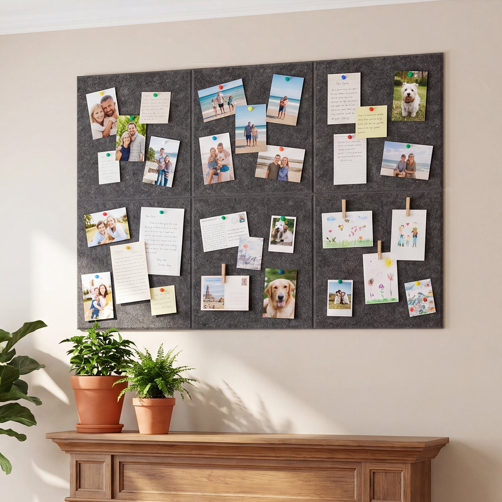 BEAUTYPEAK 6-Pack Felt Bulletin Board Tiles, 11.8"x11.8" Cork Boards for Wall，Gray