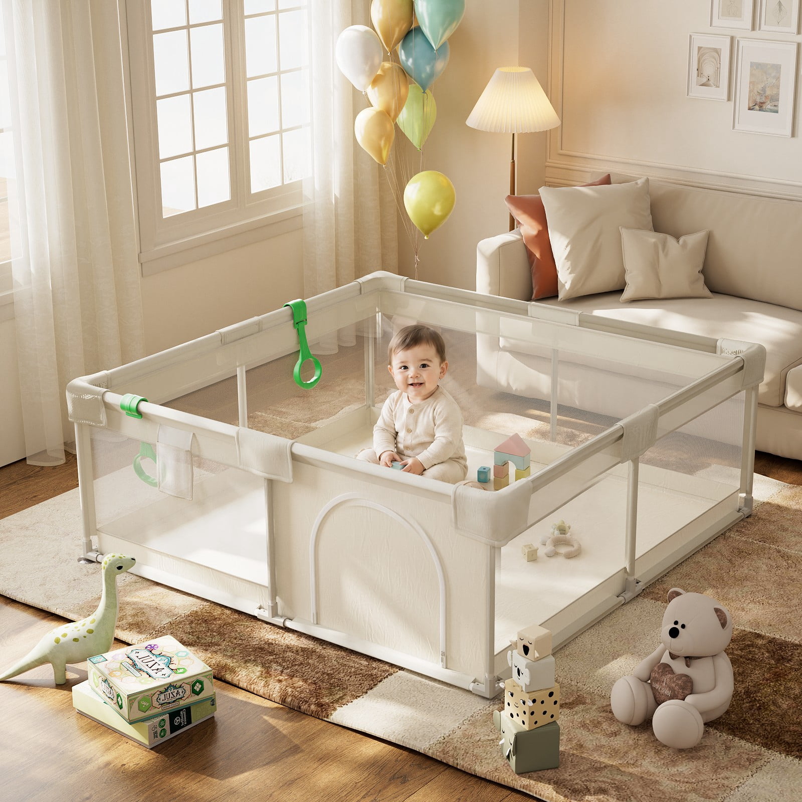 BEAUTYPEAK 60"x60" Large Baby Playpen Toddler Play Yard Fence for Boys and Girls, Light Gray