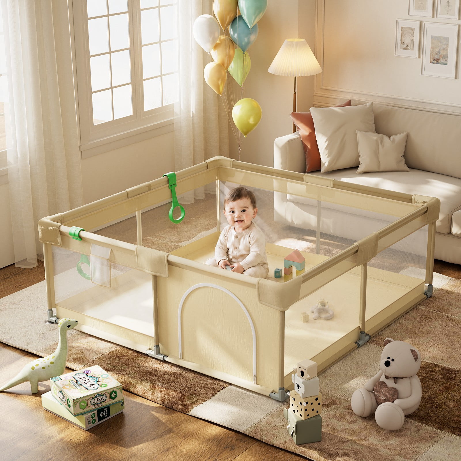 BEAUTYPEAK 60"x60" Large Baby Playpen Toddler Play Yard Fence for Boys and Girls, Pale Yellow