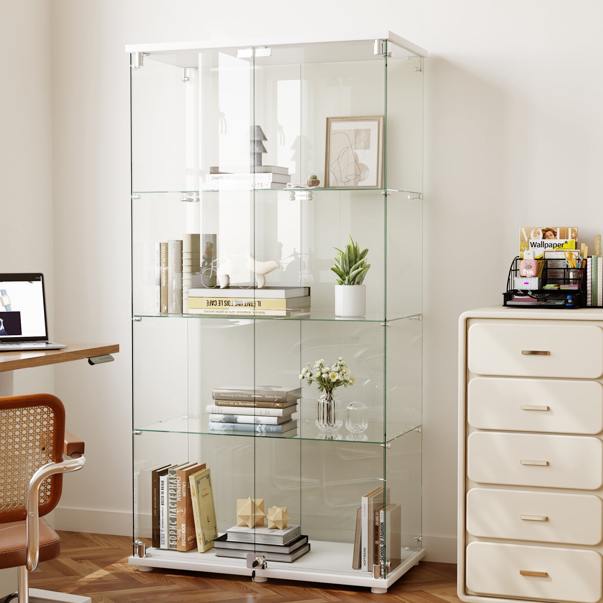 BEAUTYPEAK 64" Display Cabinet with Glass Doors,4-Tier Double-Door Curio Cases with White Panels