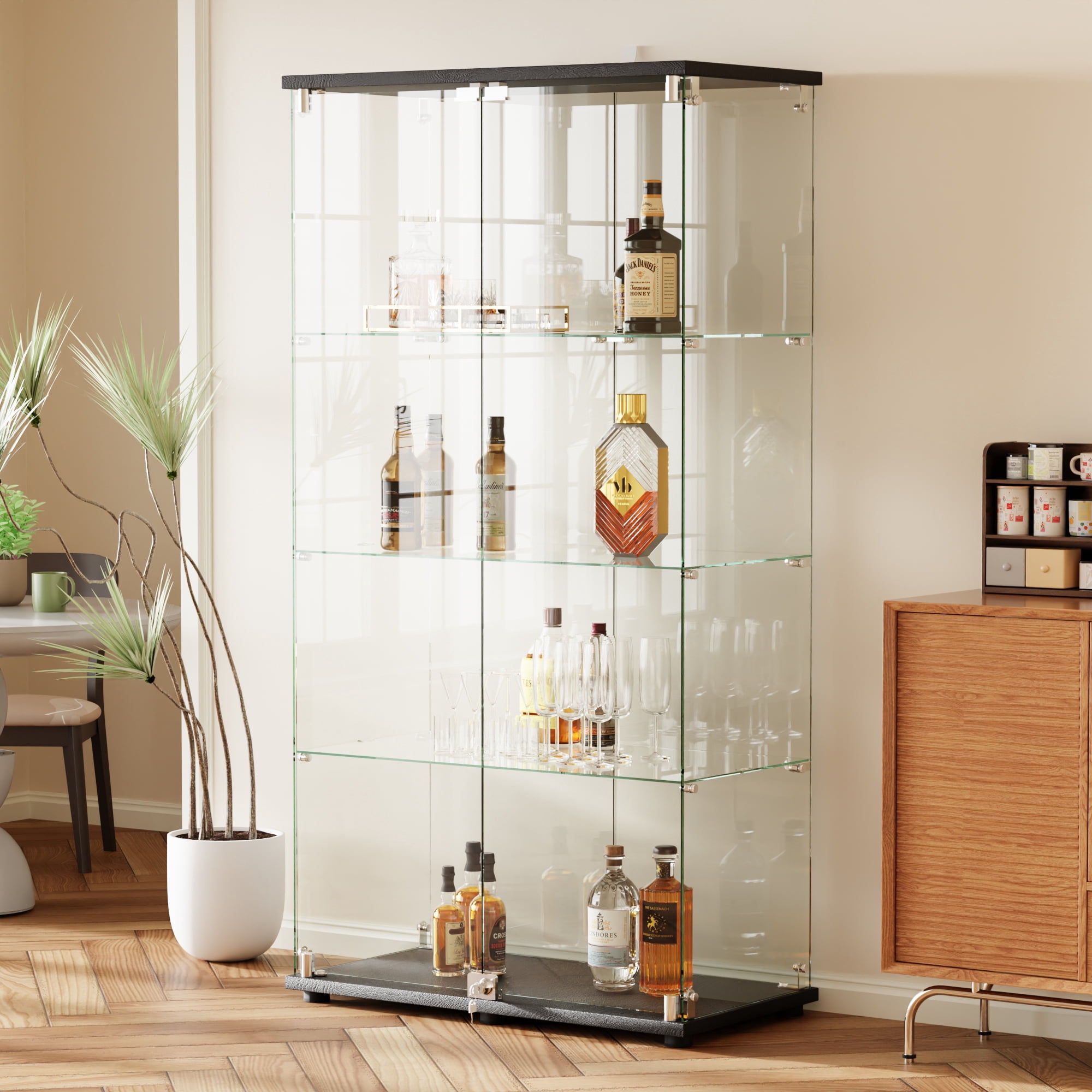 BEAUTYPEAK 64" Display Cabinet with Glass Doors, 4-Tier Double-Door Curio and Collection Showcase, Black