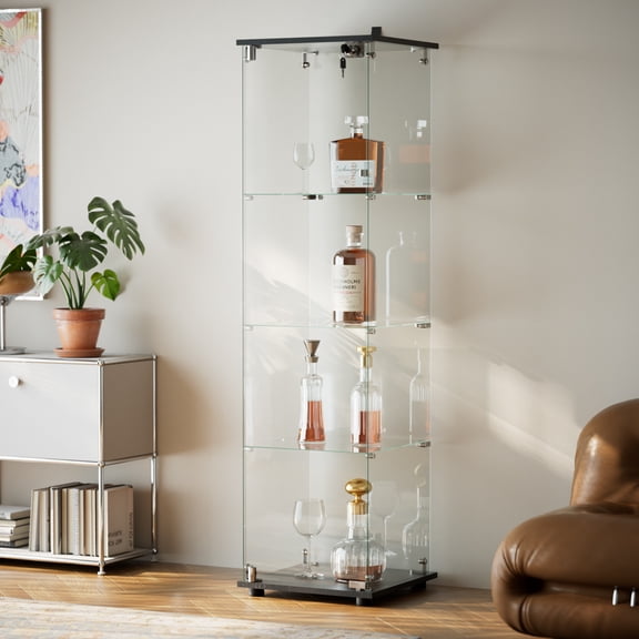 BEAUTYPEAK 64" Display Cabinet with Glass Doors,4-Tier Single-Door Curio Cases with Black Panels