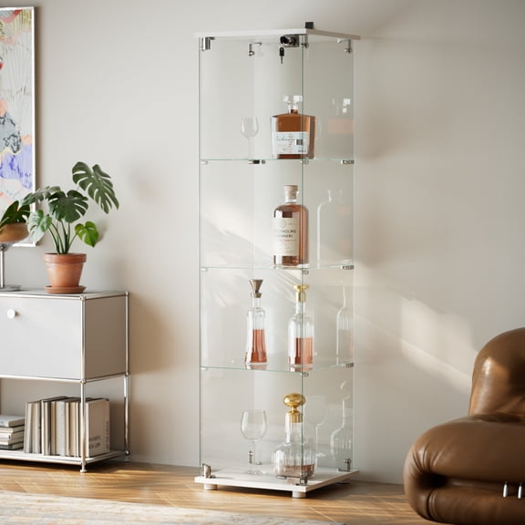 BEAUTYPEAK 64" Display Cabinet with Glass Doors,4-Tier Single-Door Curio Cases with White Panels