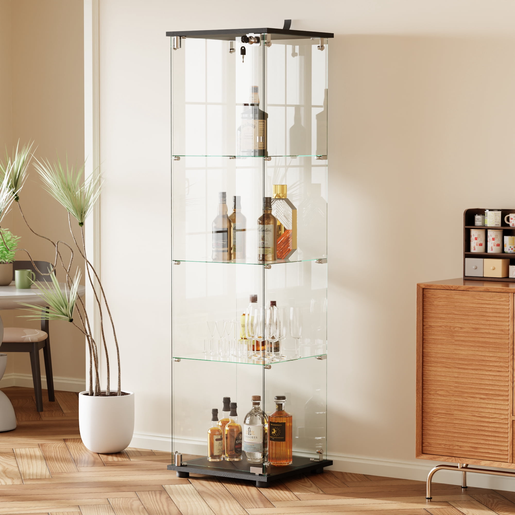 BEAUTYPEAK 64" Display Cabinet with Glass Doors, 4-Tier Single-Door Curio and Collection Showcase, Black