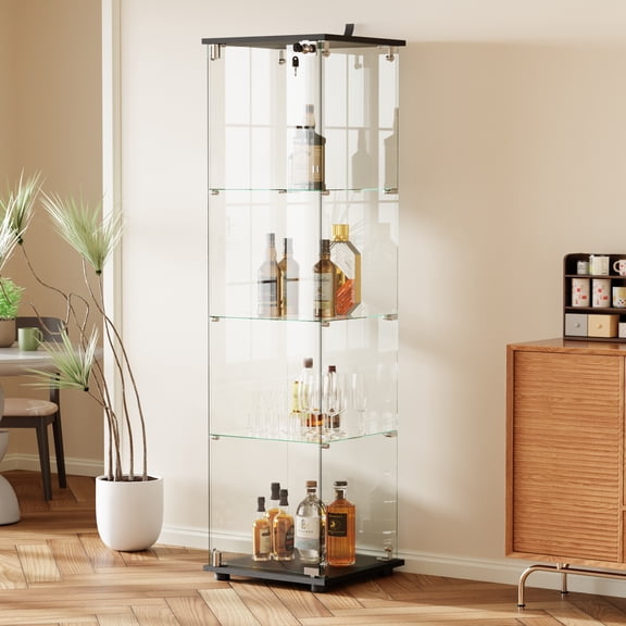 BEAUTYPEAK 64" Display Cabinet with Glass Doors, 4-Tier Single-Door Curio and Collection Showcase, Black