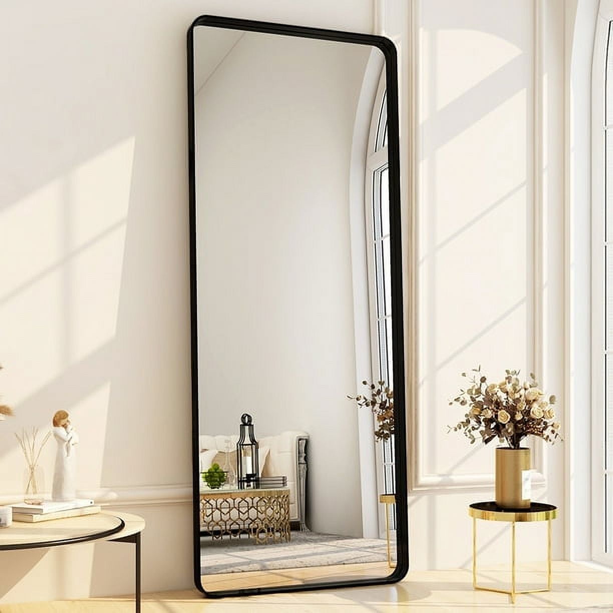 BEAUTYPEAK 64 x 21 Full Length Mirror Modern Round Corner Vanity Floor  Mirror,Black