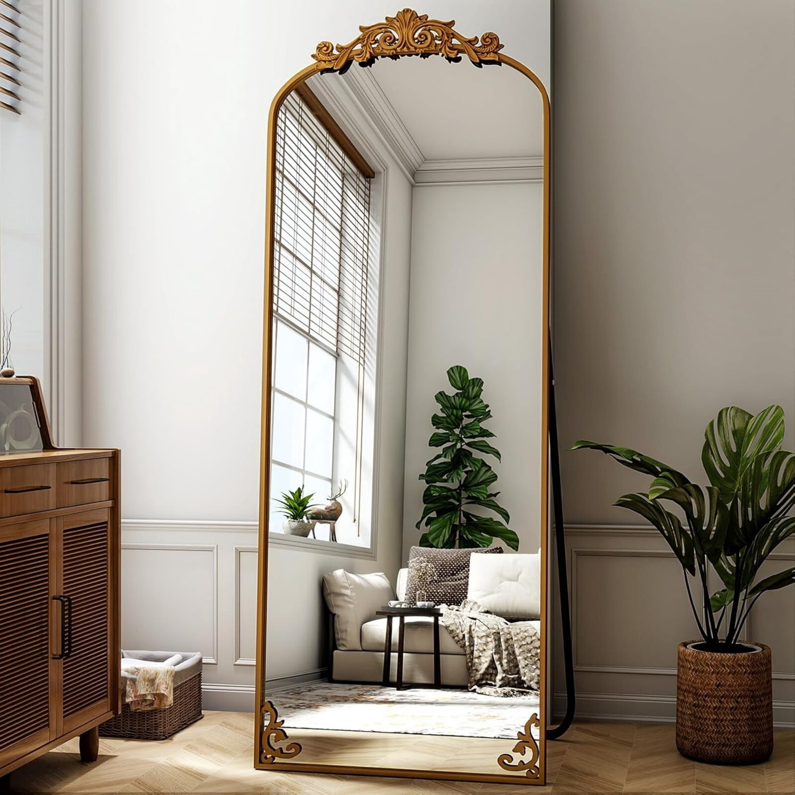 BEAUTYPEAK 64"x21" Antique Arched Full-Length Freestanding Floor Mirror,Bronze