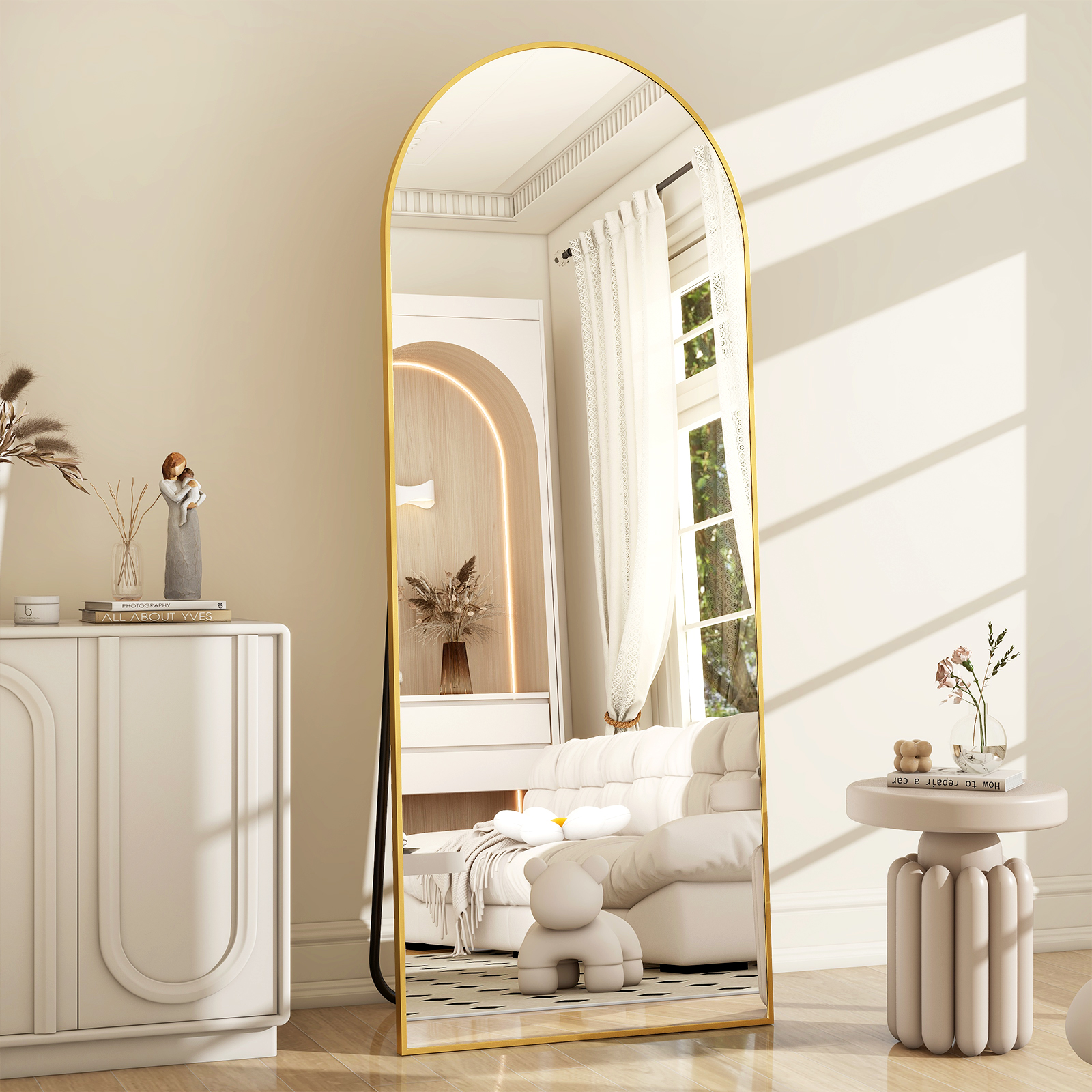 BEAUTYPEAK 64"x21" Full Length Mirror Arched Standing Floor Mirror Full Body Mirror, Gold - image 1 of 13