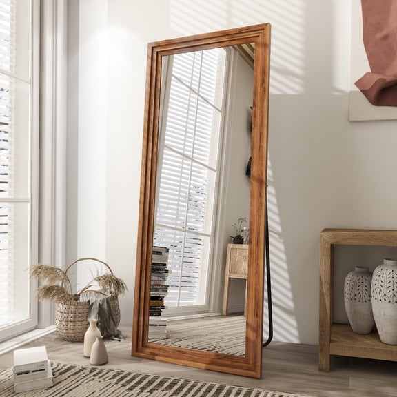 BEAUTYPEAK 64"x21" Full Length Mirror with Stand Solid Wooden Framed Floor Mirror Wall Mounted,Brown