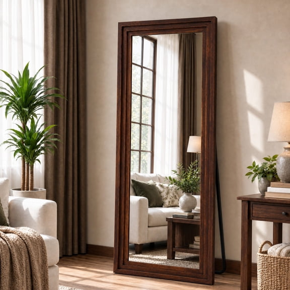 BEAUTYPEAK 64"x21" Full Length Mirror with Stand Solid Wooden Framed Floor Mirror Wall Mounted,Brown