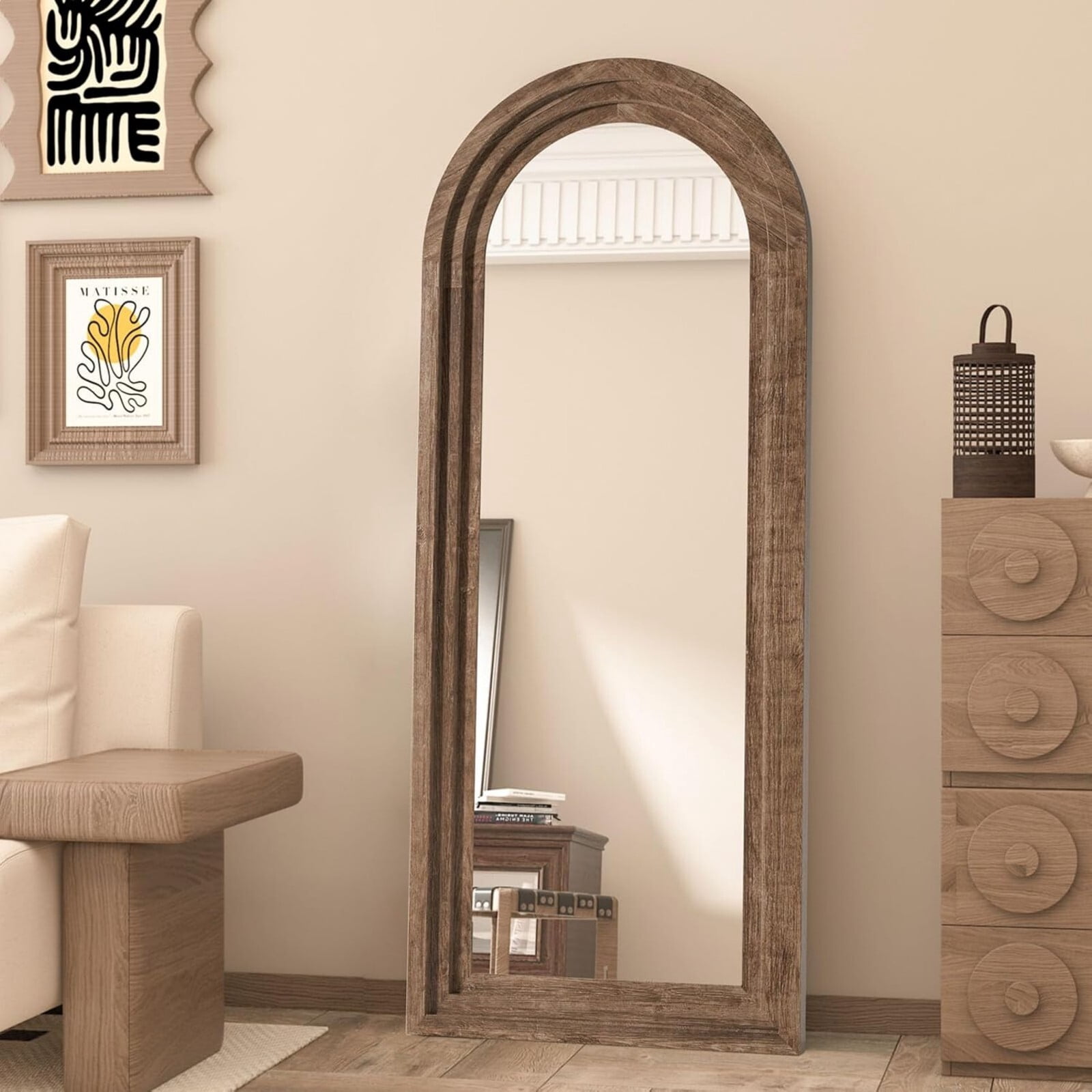 BEAUTYPEAK 65"x22"Wooden Arched Full Length Mirror with Stand, Walnut