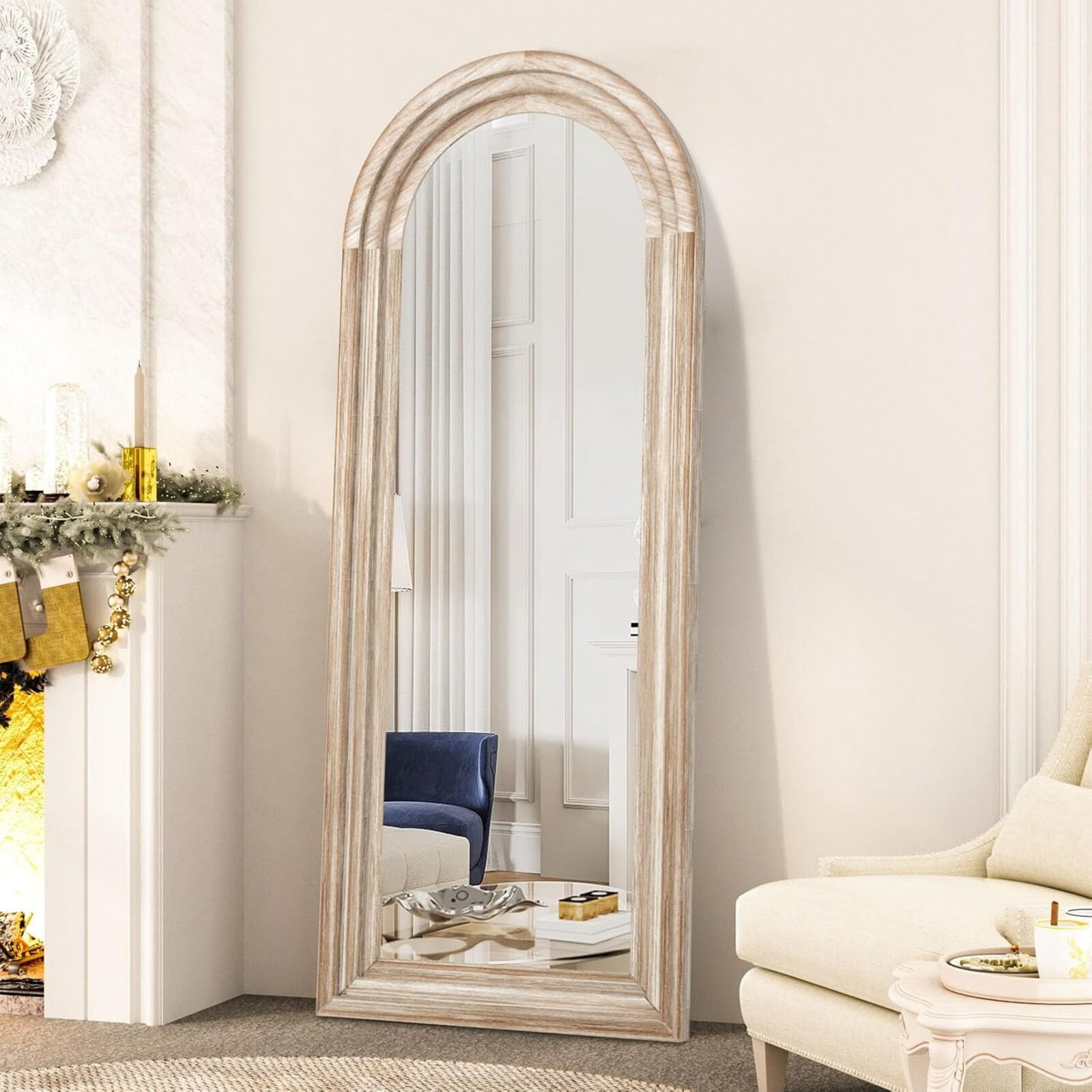BEAUTYPEAK 65"x22"Wooden Arched Full Length Mirror with Stand,White