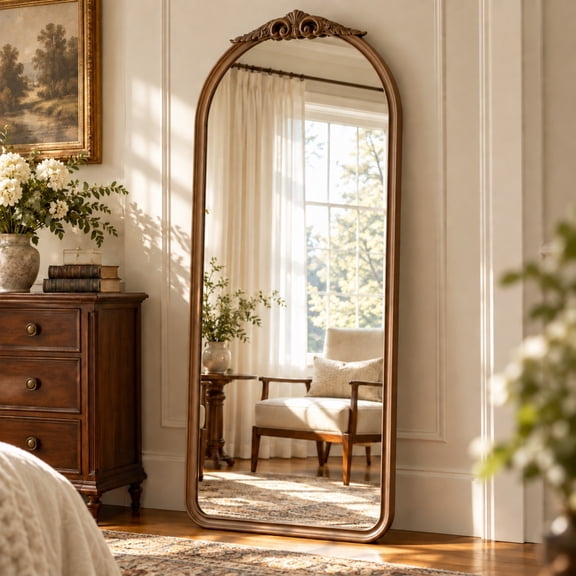 BEAUTYPEAK 65"x24" Wooden Vintage Full Length Mirror with Solid Wood Frame Arched Carving Decorative Floor Mirror, Warm Walnut