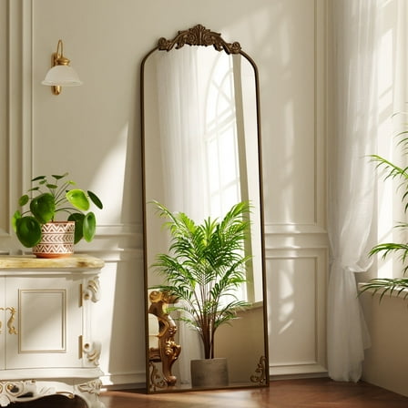 BEAUTYPEAK 66"x21" Arched Full Length Mirror Metal Vintage Mirror Baroque Style,Antique Bronze