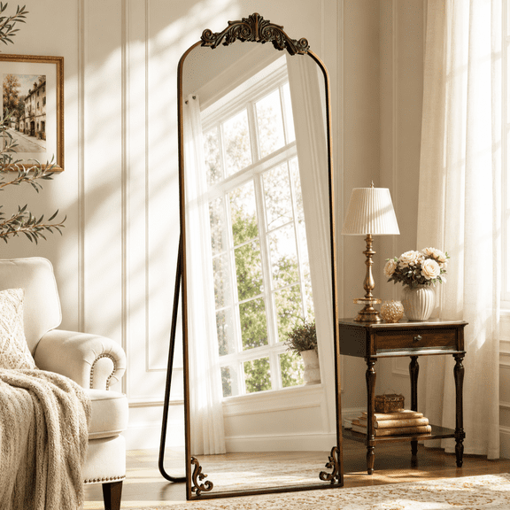 BEAUTYPEAK 66"x21" Arched Full Length Mirror Metal Vintage Mirror Baroque Style,Antique Bronze