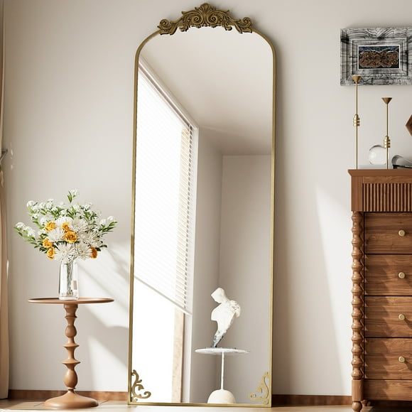 BEAUTYPEAK 66"x21" Arched Full Length Mirror Metal Vintage Mirror Baroque Style,Antique Gold