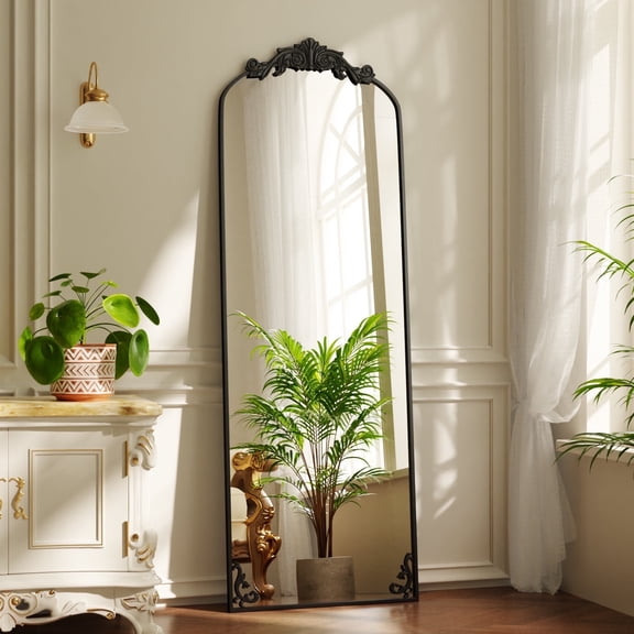 BEAUTYPEAK 66"x21" Arched Full Length Mirror Metal Vintage Mirror Baroque Style,Black
