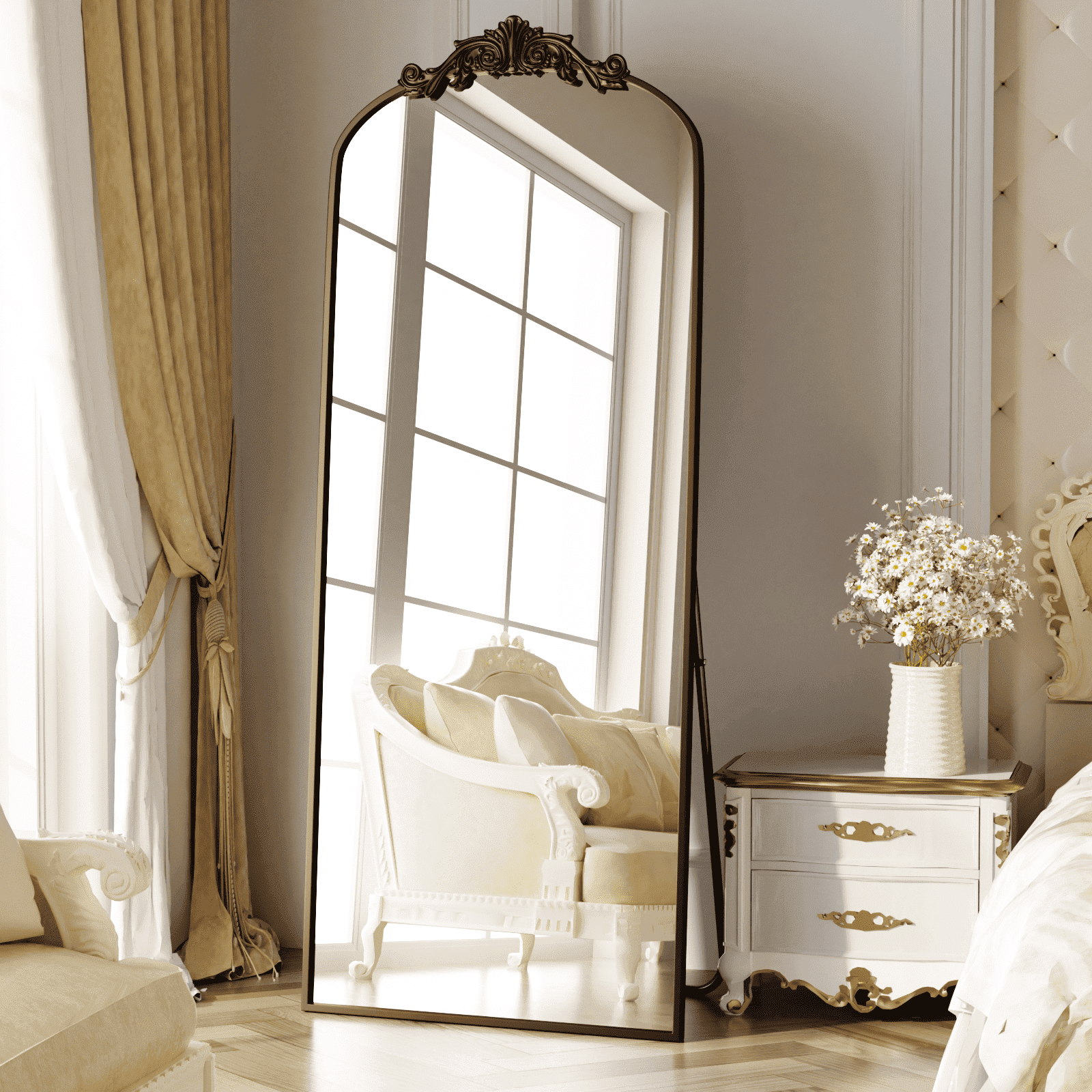 BEAUTYPEAK 67.1"x24.2" Full Length Mirror with Baroque Flower Head Design Wall-Mounted Mirror,Antique Bronze