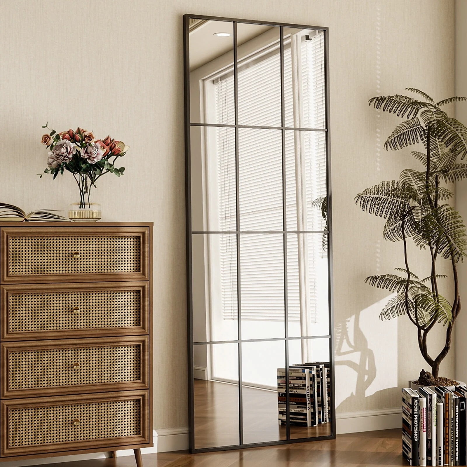 AUROMIR 69"x25" Windowpane Full Length Wall-Mounted Floor Mirror, Black