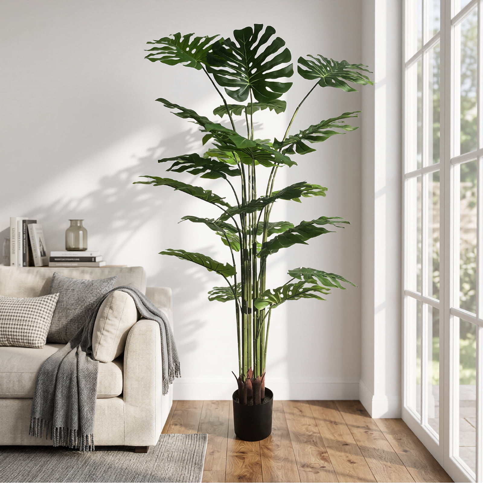 BEAUTYPEAK 6FT Artificial Plant Fake Indoor Monstera Plant Decorative Outdoor Greenery in Black Pot