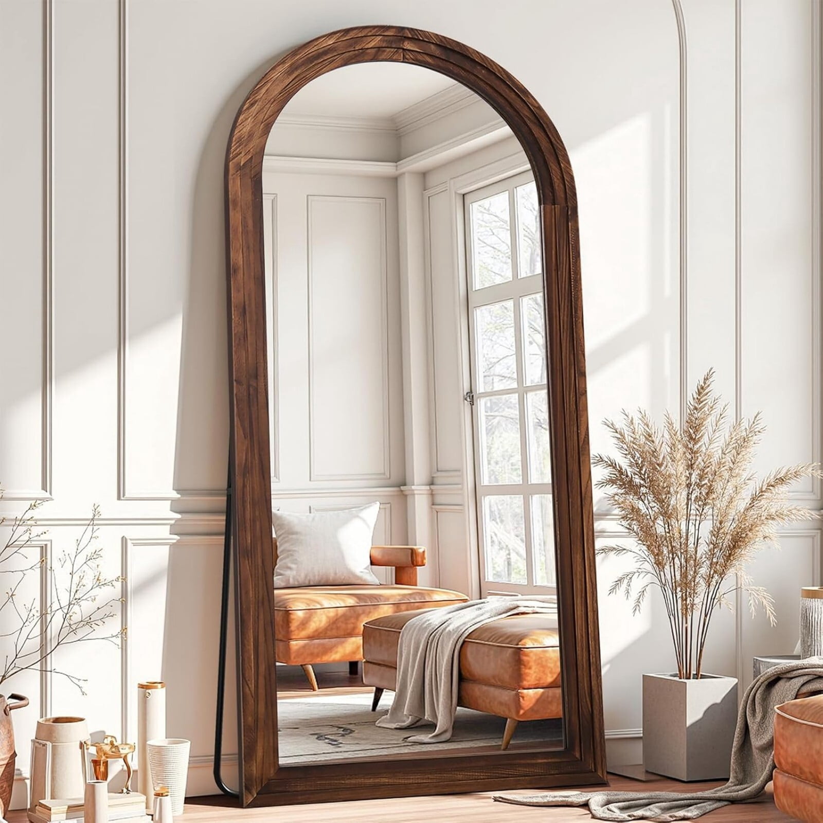 BEAUTYPEAK 71"x30"Wooden Arched Full Length Mirror with Stand,Walnut