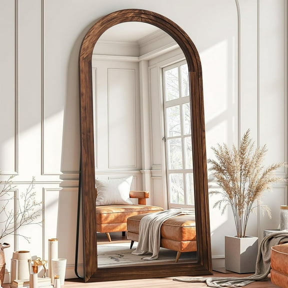 BEAUTYPEAK 71"x30"Wooden Arched Full Length Mirror with Stand,Walnut