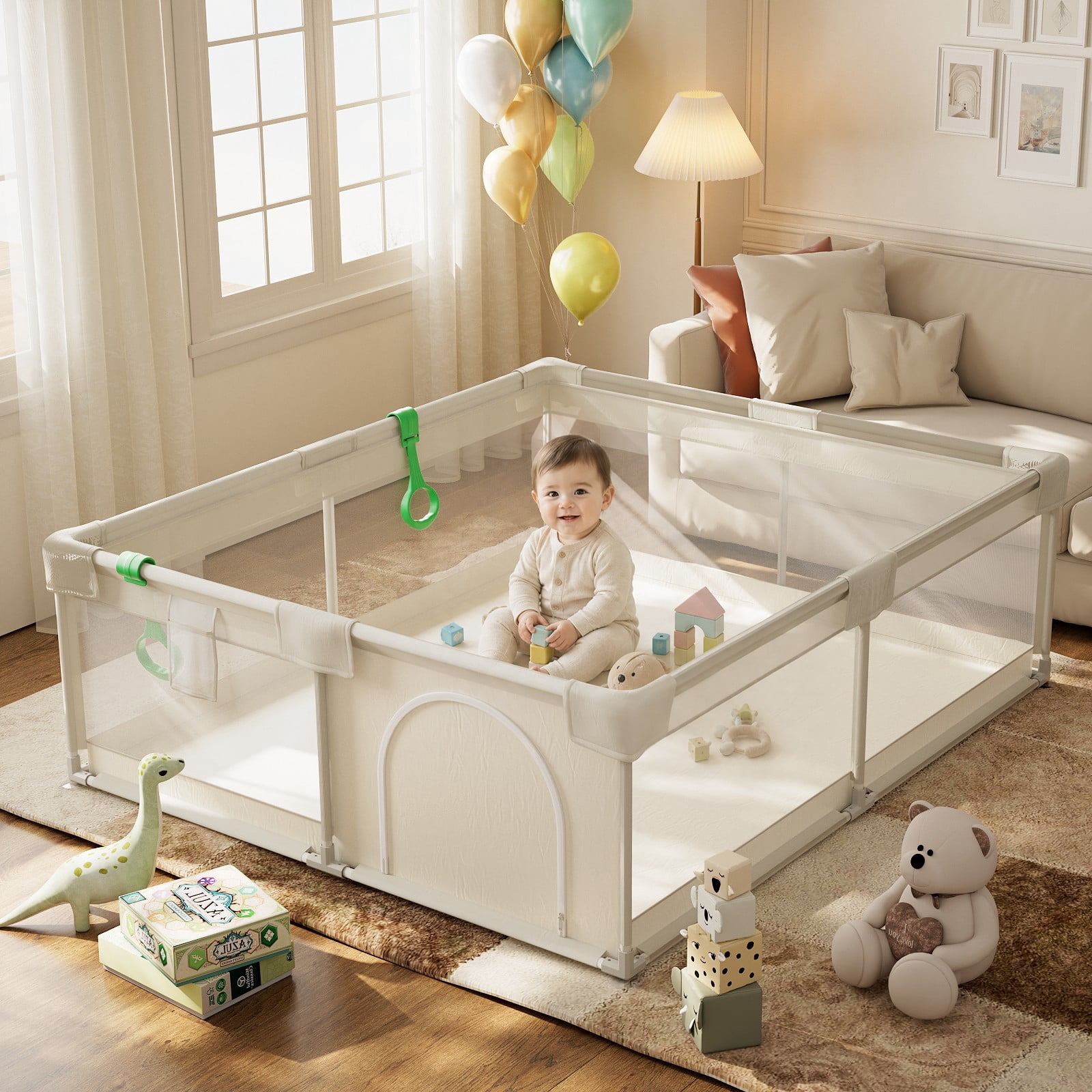 BEAUTYPEAK 71"x60" Large Baby Playpen Toddler Play Yard Fence for Boys and Girls, Light Gray
