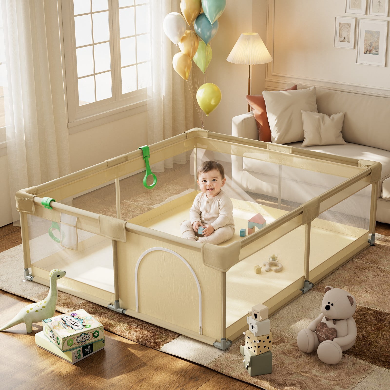 BEAUTYPEAK 71"x60" Large Baby Playpen Toddler Play Yard Fence for Boys and Girls, Pale Yellow