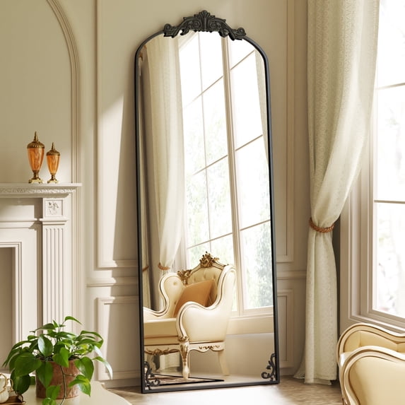 BEAUTYPEAK 72"x24" Full Length Mirror with Baroque Flower Head Design Wall-Mounted Mirror,Black